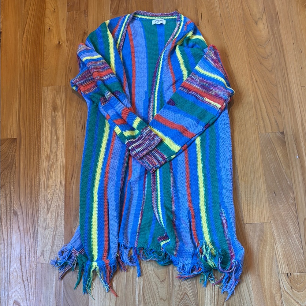 Umgee Striped Open Cardigan with Fringe